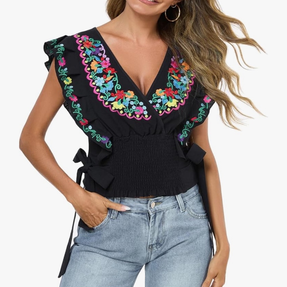 Embroidered Mexican Black V-Neck Top